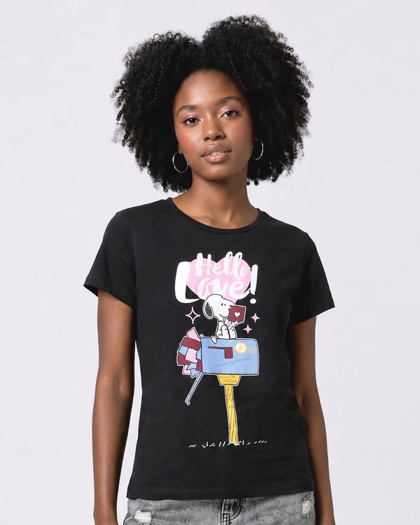Camiseta Feminina Algodão Snoopy Manga Curta Preta M