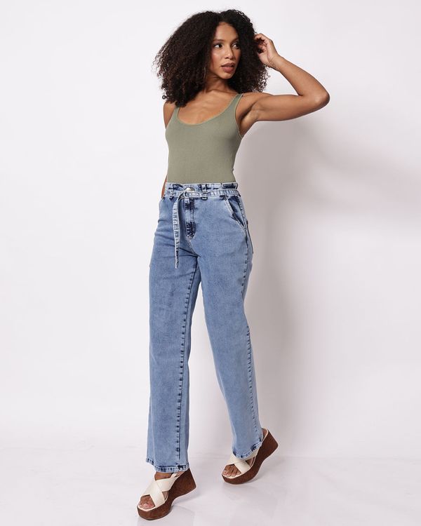 Calça Jeans Feminina Sawary Wide Leg com Cinto Azul 44