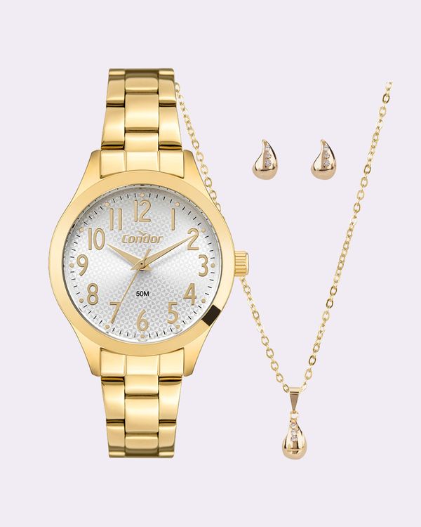 Kit Relógio Feminino Condor com Colar e Brincos Dourado UN