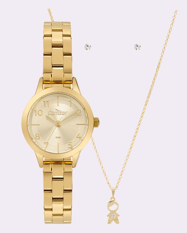 Kit Relógio Feminino Condor com Colar e Brinco Dourado UN