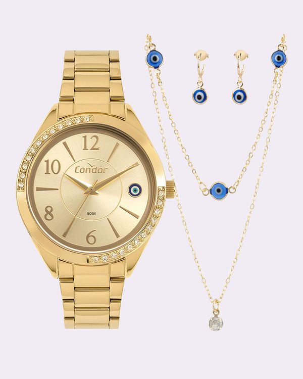 Kit Relógio Feminino Condor com Colar e Brincos Dourado UN