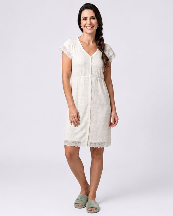 Camisola Feminina Curto Estampada Poá Renda Off White PP