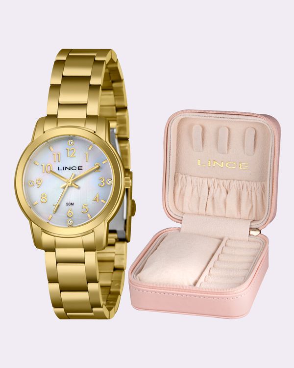 Kit Relógio Feminino Analógico Lince com Porta Jóias Dourado UN