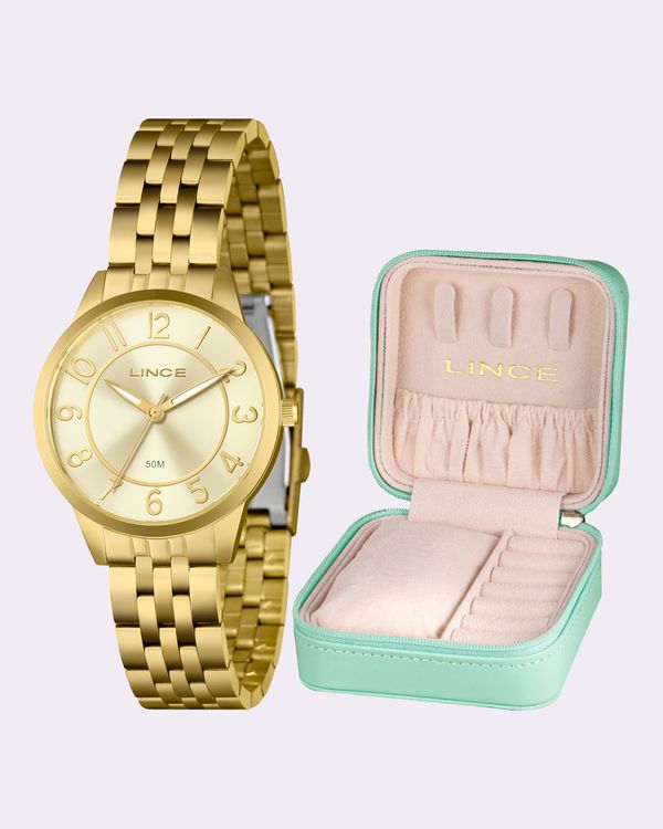Kit Relógio Feminino Analógico Lince com Porta Jóias Dourado UN