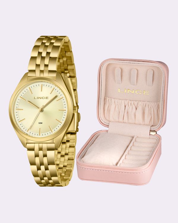 Kit Relógio Feminino Analógico Lince com Porta Jóias Dourado UN