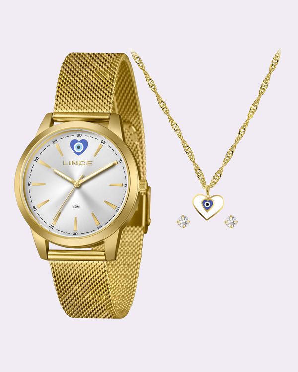 Kit Relógio Feminino Analógico Lince com Colar e Brincos Dourado UN