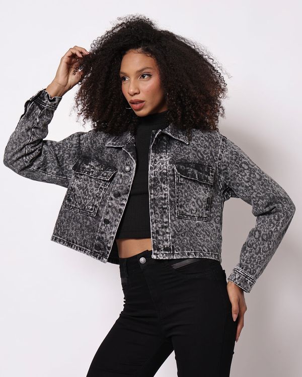 Jaqueta Jeans Feminina Sawary Cropped Animal Print Preto M