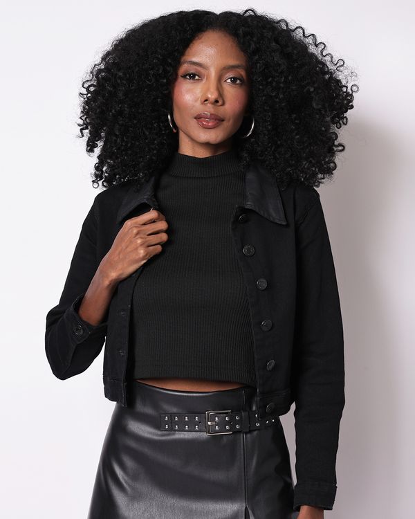 Jaqueta Jeans Black Cropped Feminina Sawary Preta M