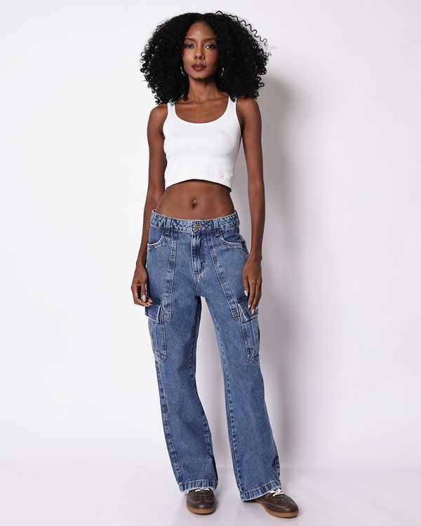 Calça Jeans Feminina Sawary Wide Leg Cargo Azul 42