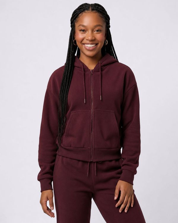 Jaqueta Feminina Básica Fleece com Capuz Bolso Vinho GG
