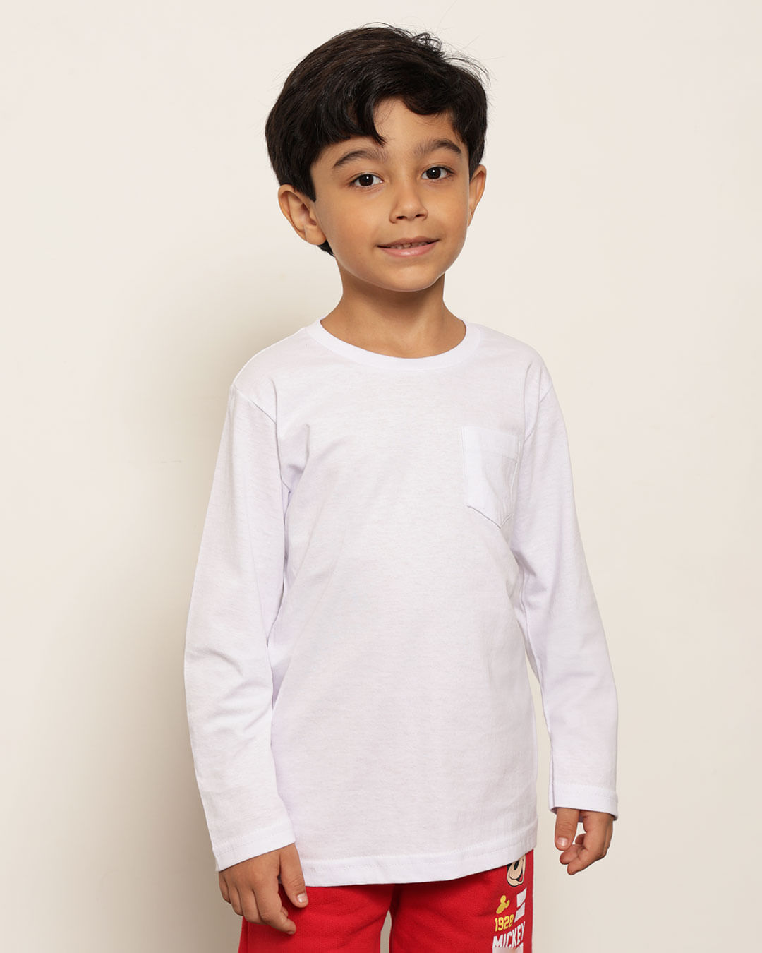 Camiseta Infantil Básica com Bolso Manga Longa Branca