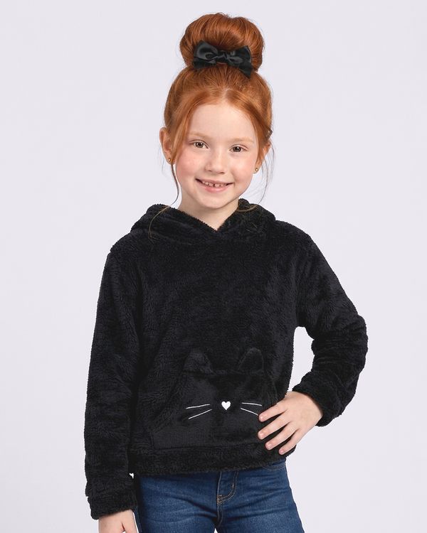 Blusão Infantil Peluciado com Capuz Bolso Gatinho Preto 4