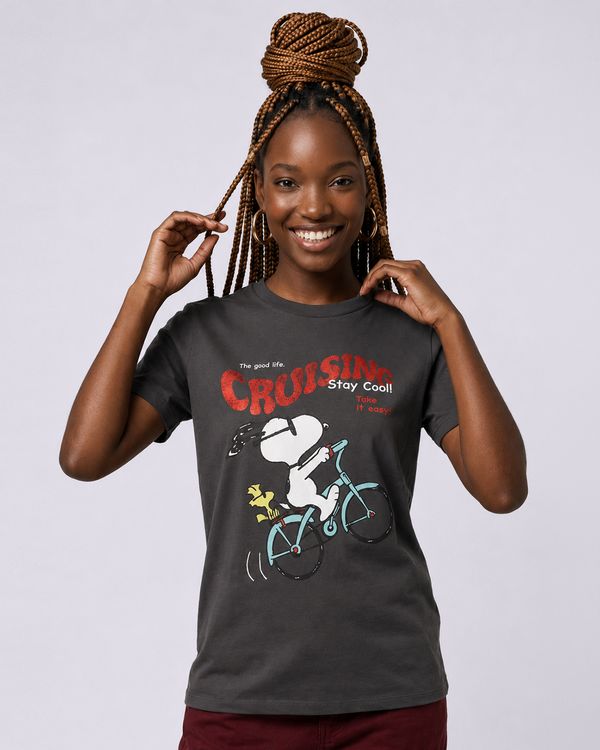 Camiseta Feminina Oversized Estampa Snoopy Cinza P