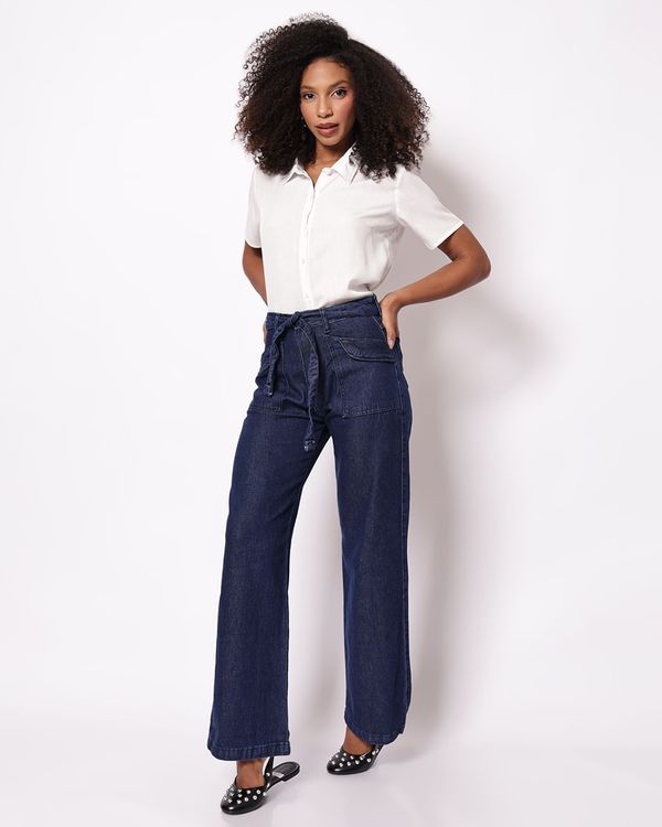 Calça Jeans Feminina Biotipo Wide Leg Petit com Cinto Azul 40