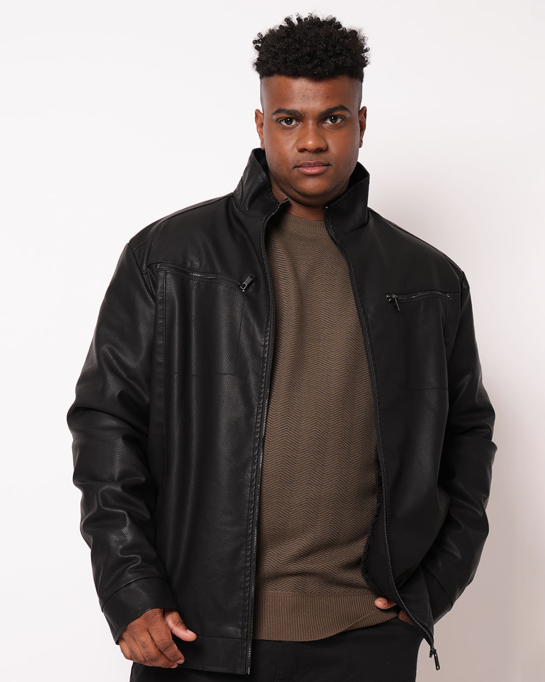 Jaqueta Plus Size Masculina PU Peluciada Preta