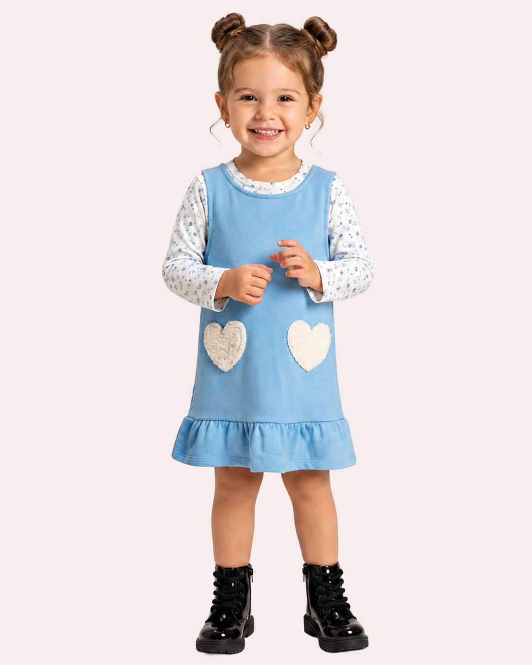 Conjunto Salopete Bebê Algodão Coração Manga Longa Azul