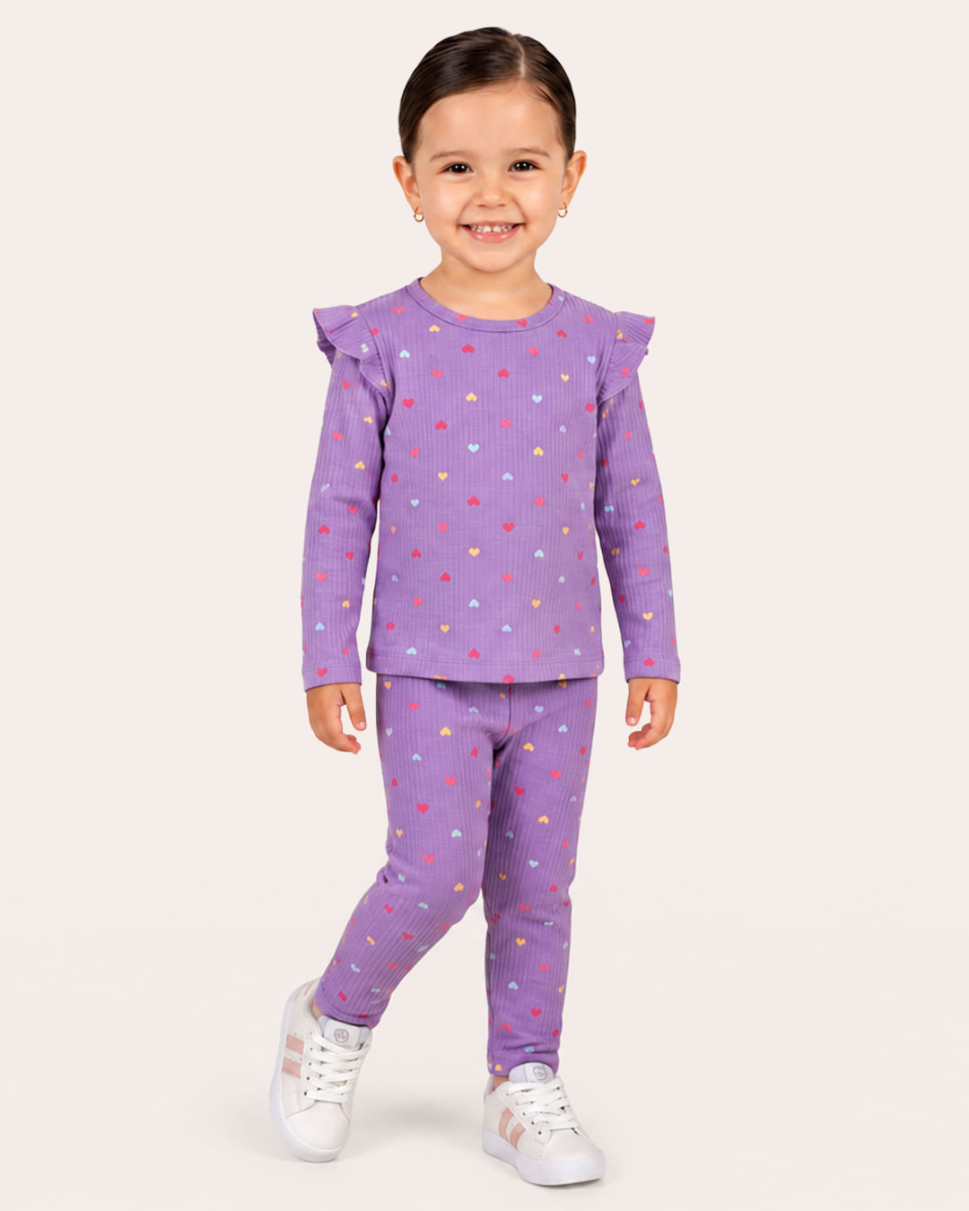 Conjunto Bebê Canelado Estampado Corações Lilás