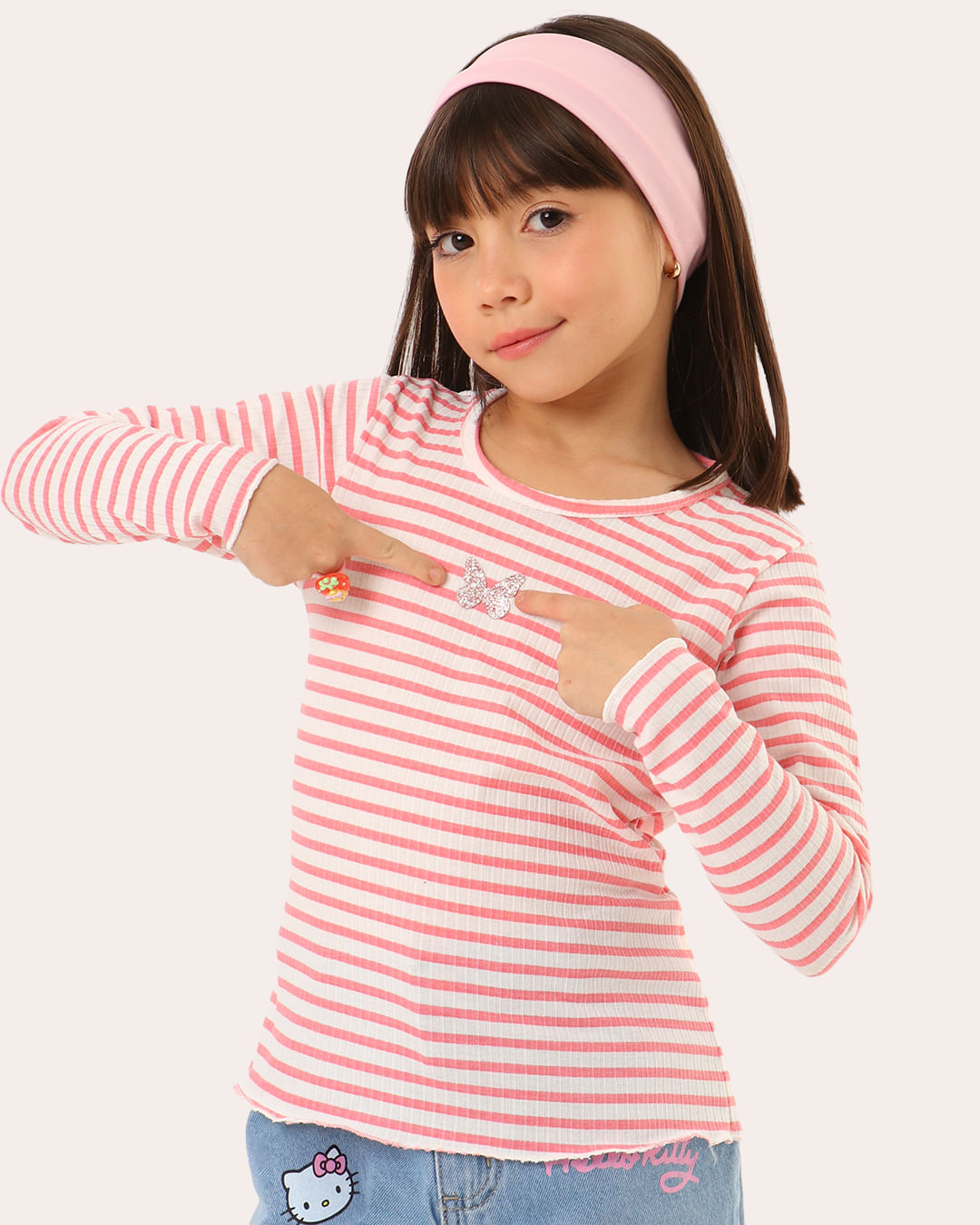 Blusa Infantil Canelada Manga Longa Borboleta Rosa