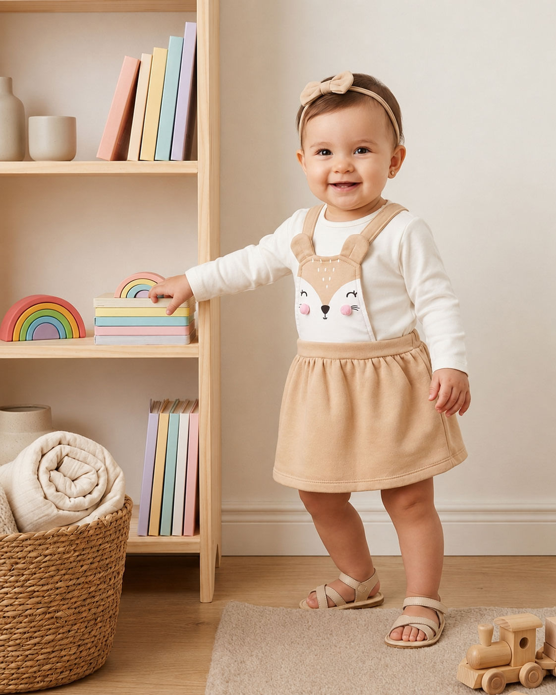 Conjunto Salopete Bebê com Bichinho Manga Longa Bege