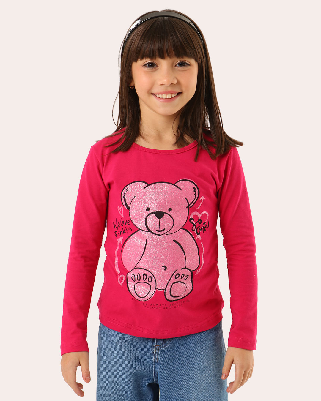Blusa Infantil Estampa Urso com Glitter Manga Longa Rosa