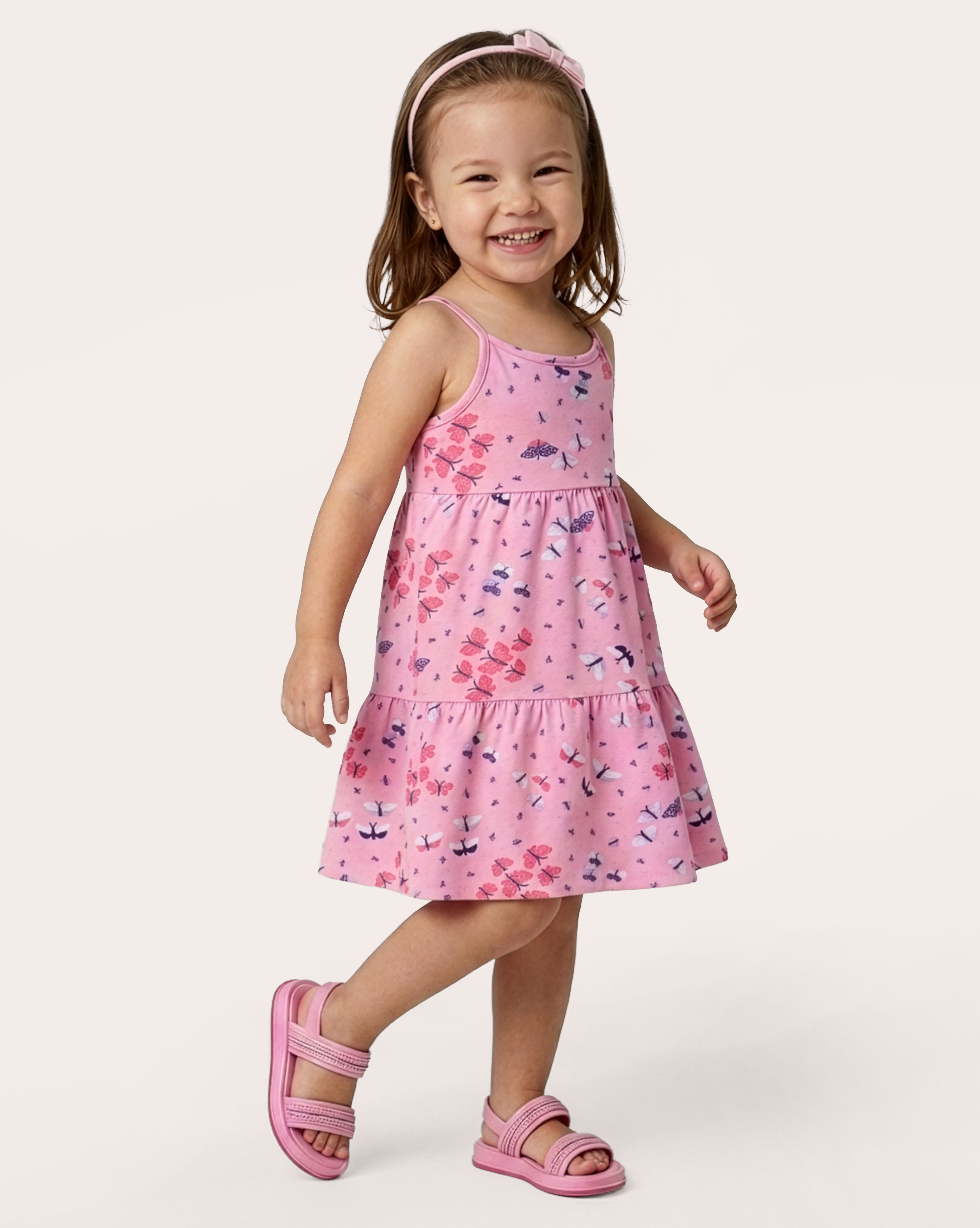 Vestido Bebê Estampado Borboletas Alças Finas Rosa