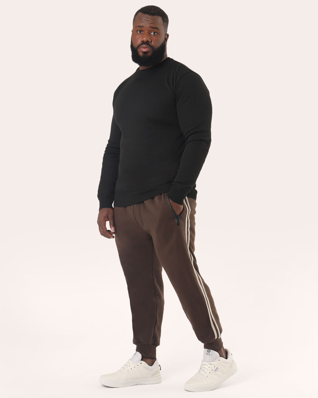 Calça Moletom Plus Size Masculino Jogger com Viés Bolsos Marrom