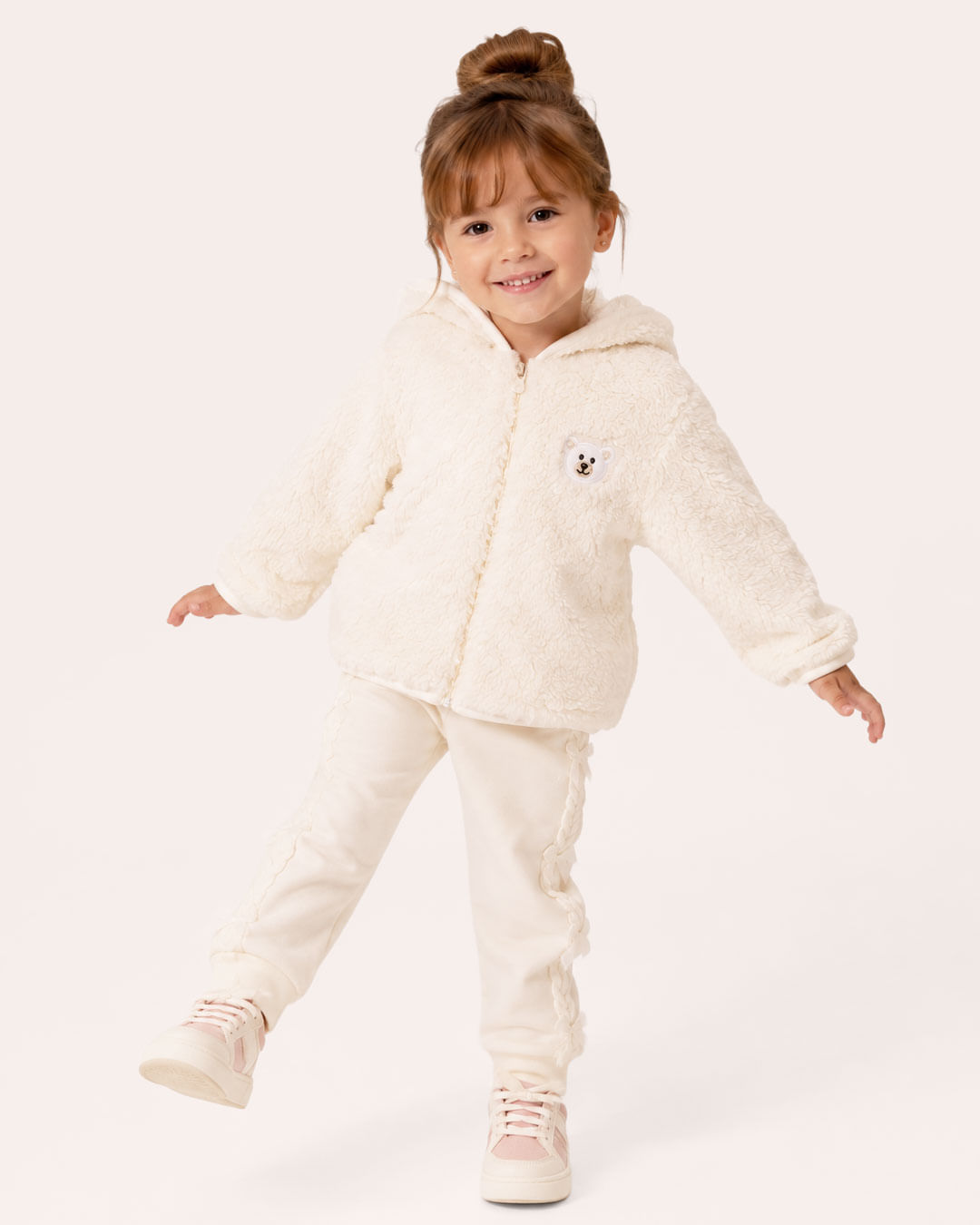 Jaqueta Bebê Sherpa Aplicação Capuz Com Orelhinha Off White