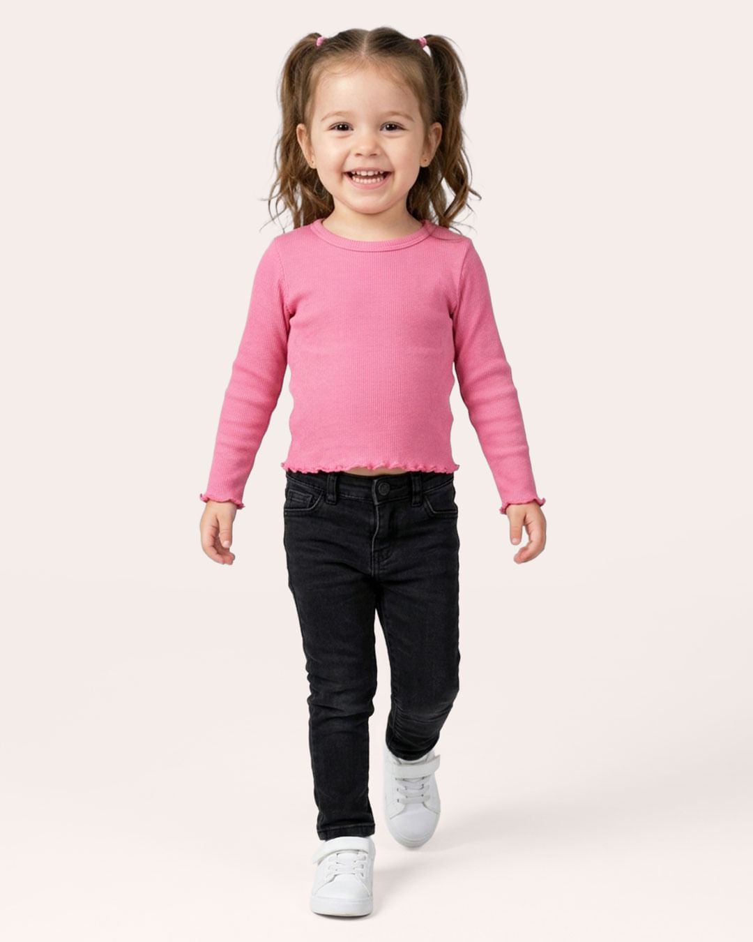 Blusa Bebê Manga Longa Canelada com Frufru Rosa Escuro