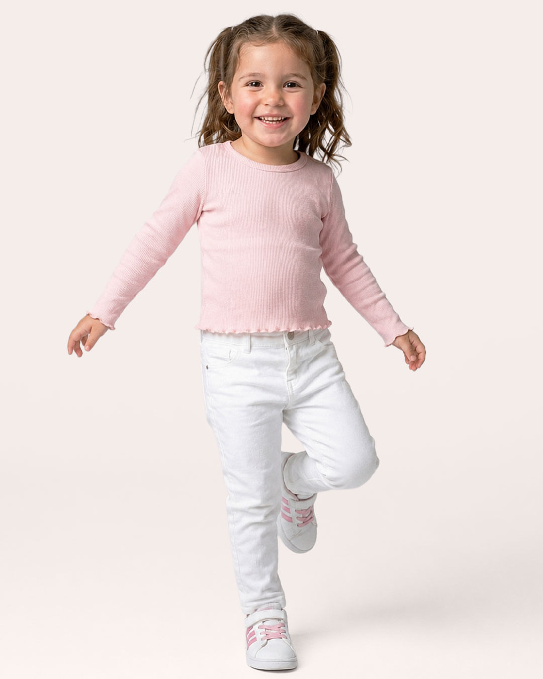 Blusa Bebê Canelada Frufru Manga Longa Rosa Claro