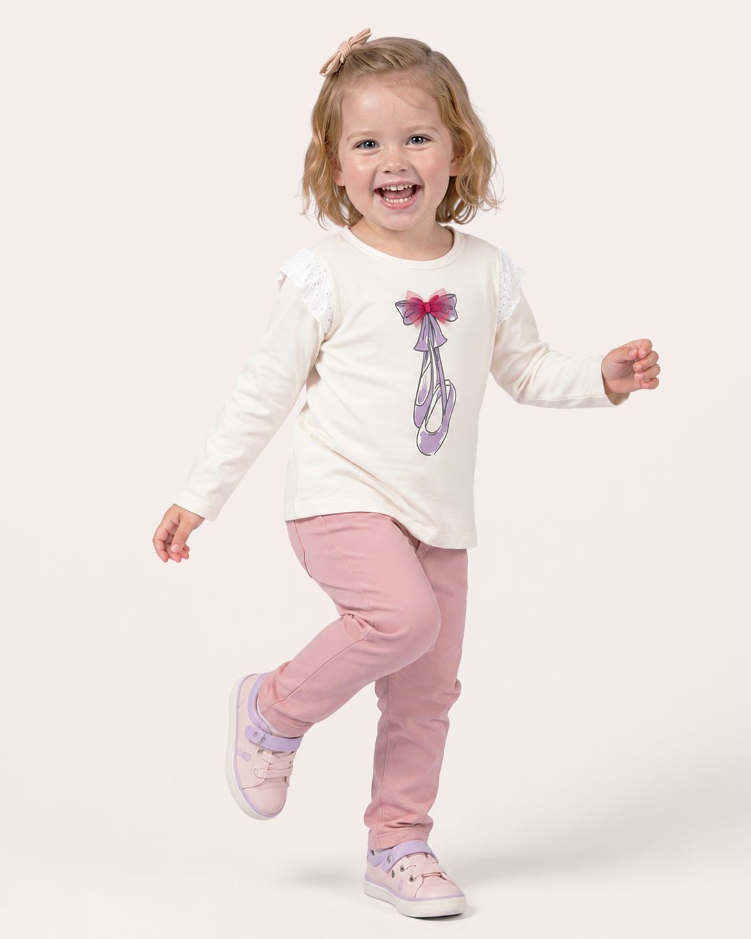 Blusa Bebê Manga Longa Algodão Bailarina com Tule Off White