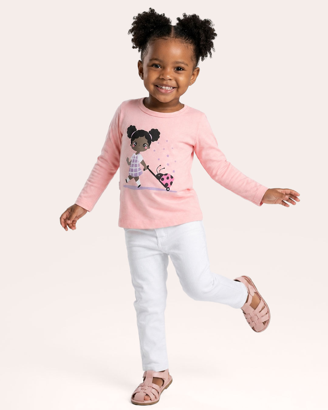 Camiseta Bebê Manga Longa Estampa Frontal Rosa