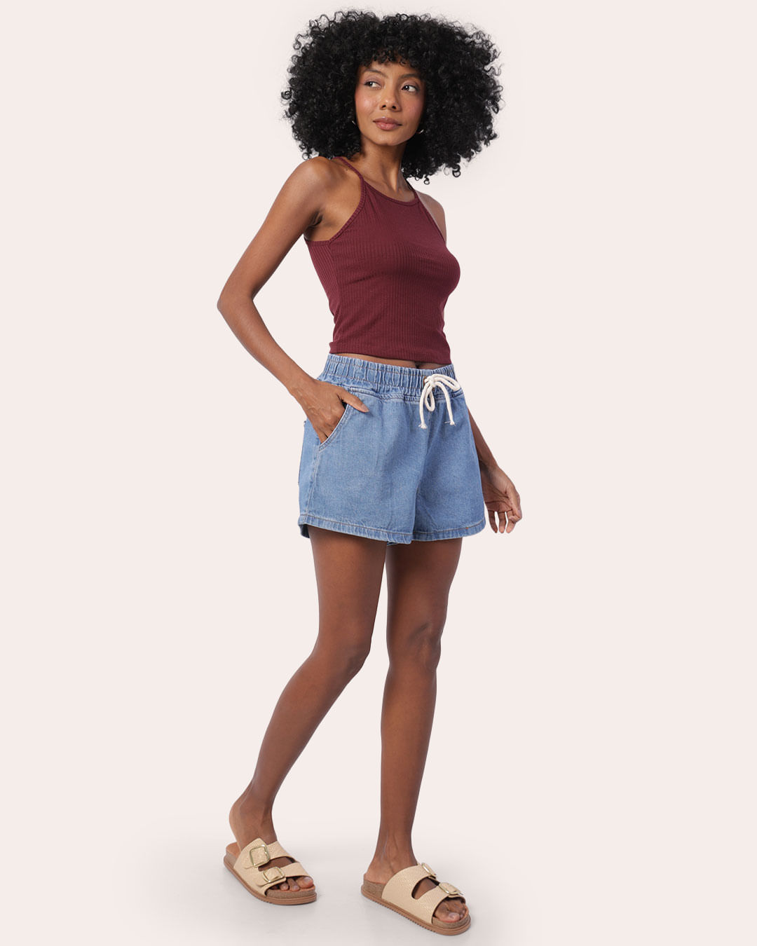Short Jeans Feminino Algodão com Bolsos Cordão Azul