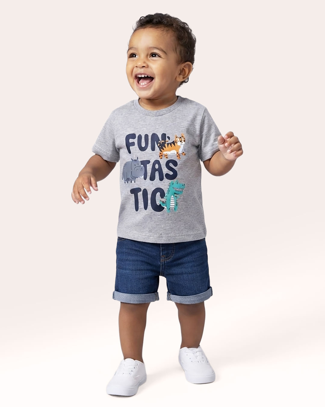 Camiseta Bebê Estampa Bichinhos Manga Curta Cinza