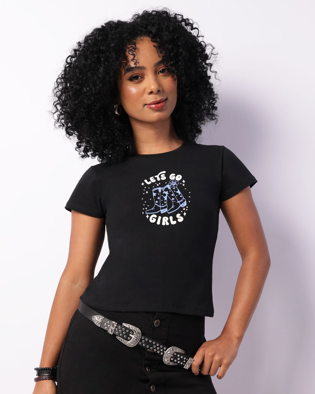 Blusa Feminina Manga Curta Estampa Frontal Preta