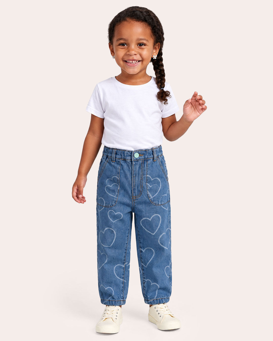 Calça Jeans Bebê Reta com Bolsos Estampada Coração Azul