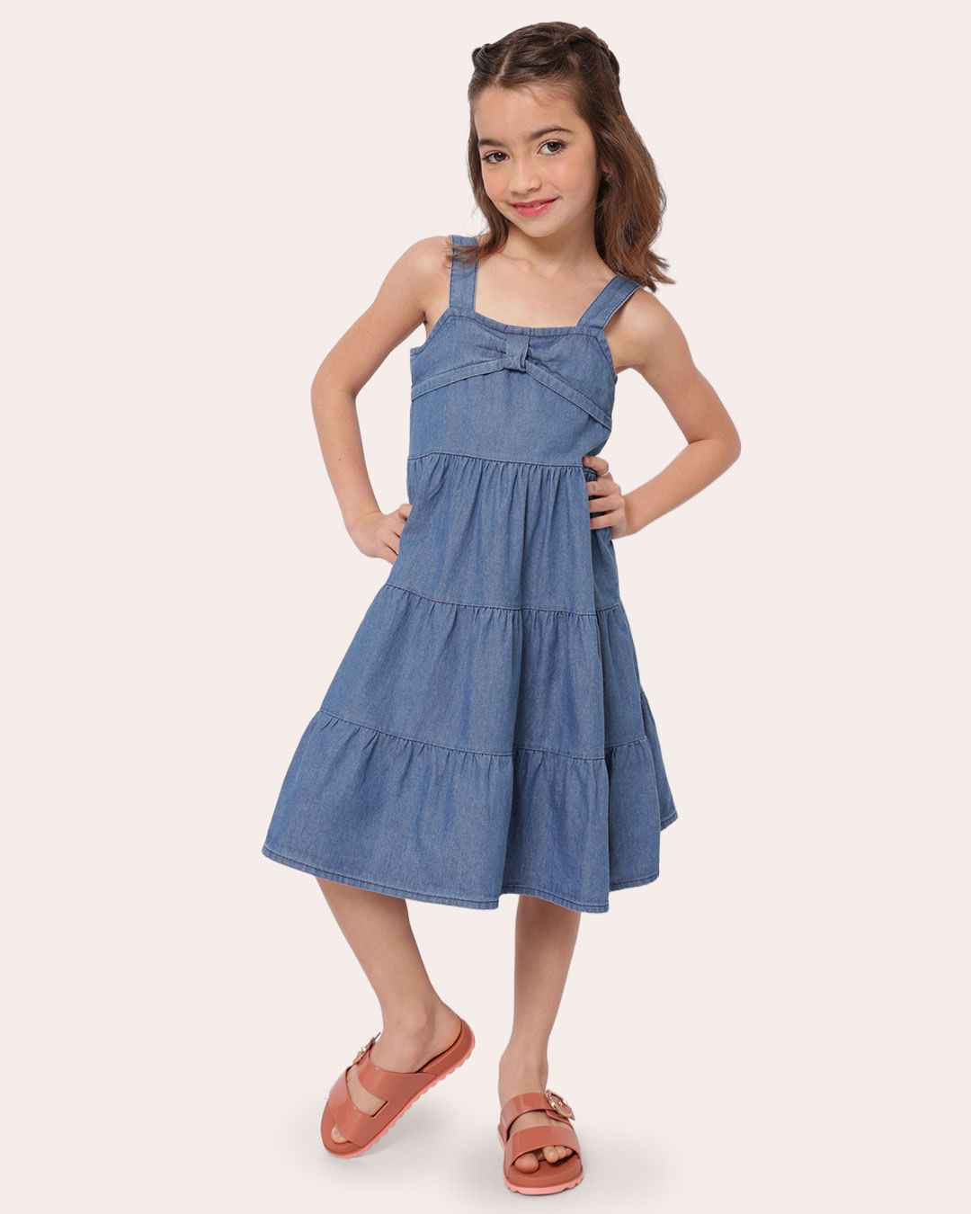 Vestido Jeans Infantil Três Marias com Laço Azul