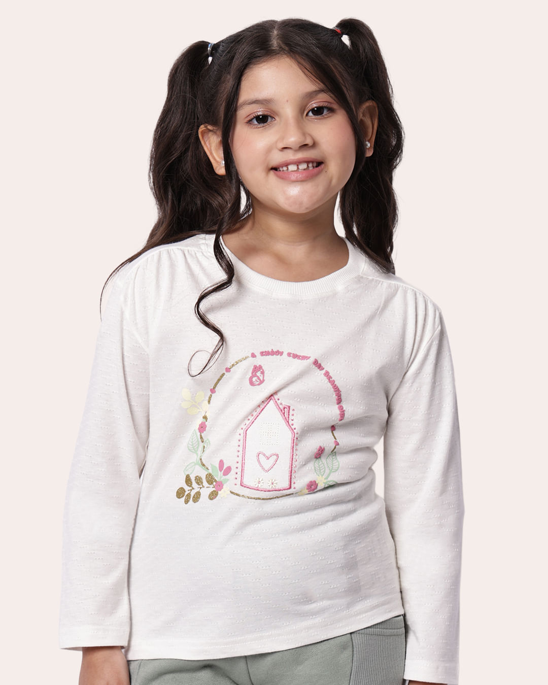 Camiseta Infantil Algodão com Strass Manga Longa Off White