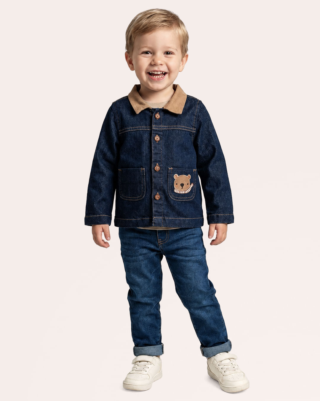 Jaqueta Jeans Bebê com Bordado Urso Azul Escuro
