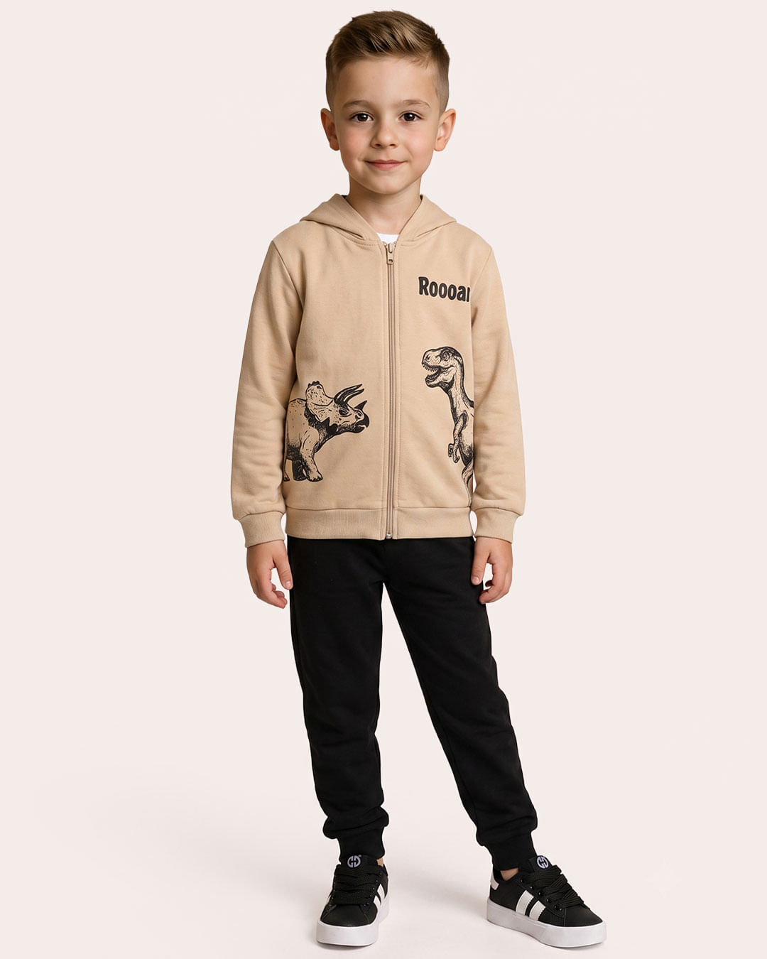 Conjunto Moletom Infantil com Capuz Dinossauro Bege