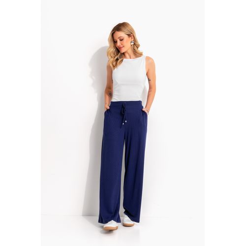 Calça em Malha Canelada Azul Marinho
