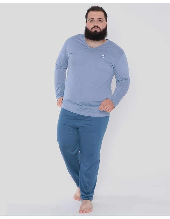 Pijama-Masculino-Plus-Size-Longo-Com-Bordado-Azul-Claro