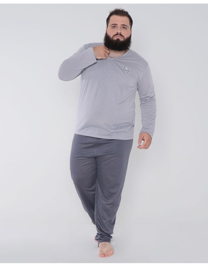 Pijama-Masculino-Plus-Size-Longo-Com-Bordado-Cinza-Claro