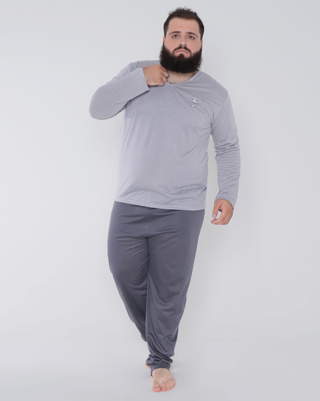 Pijama-Masculino-Plus-Size-Longo-Com-Bordado-Cinza-Claro