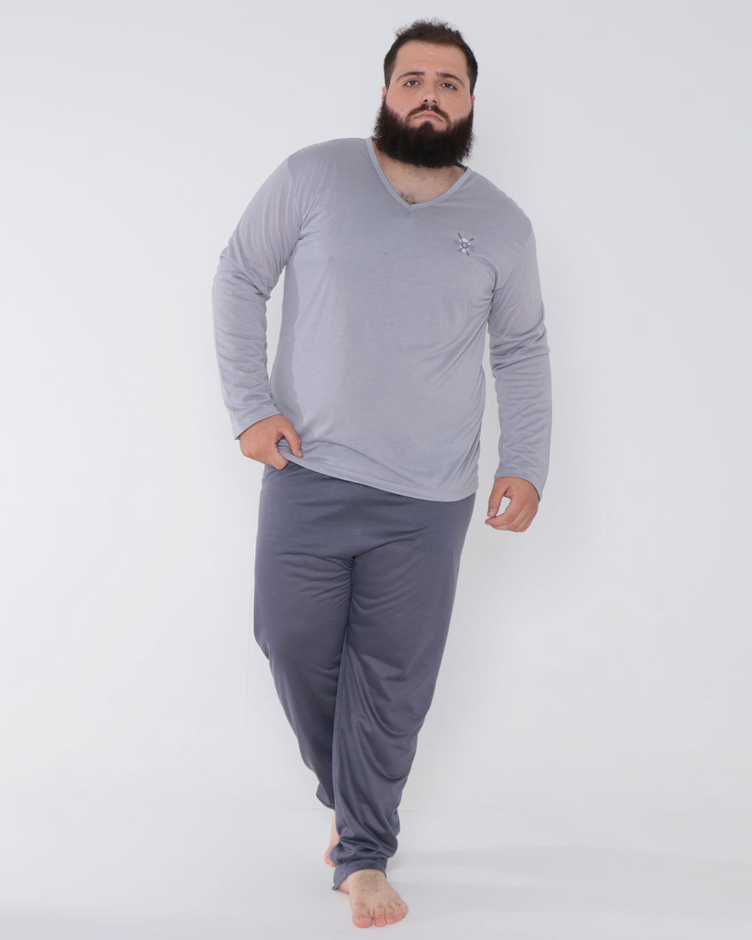 Pijama-Masculino-Plus-Size-Longo-Com-Bordado-Cinza-Claro