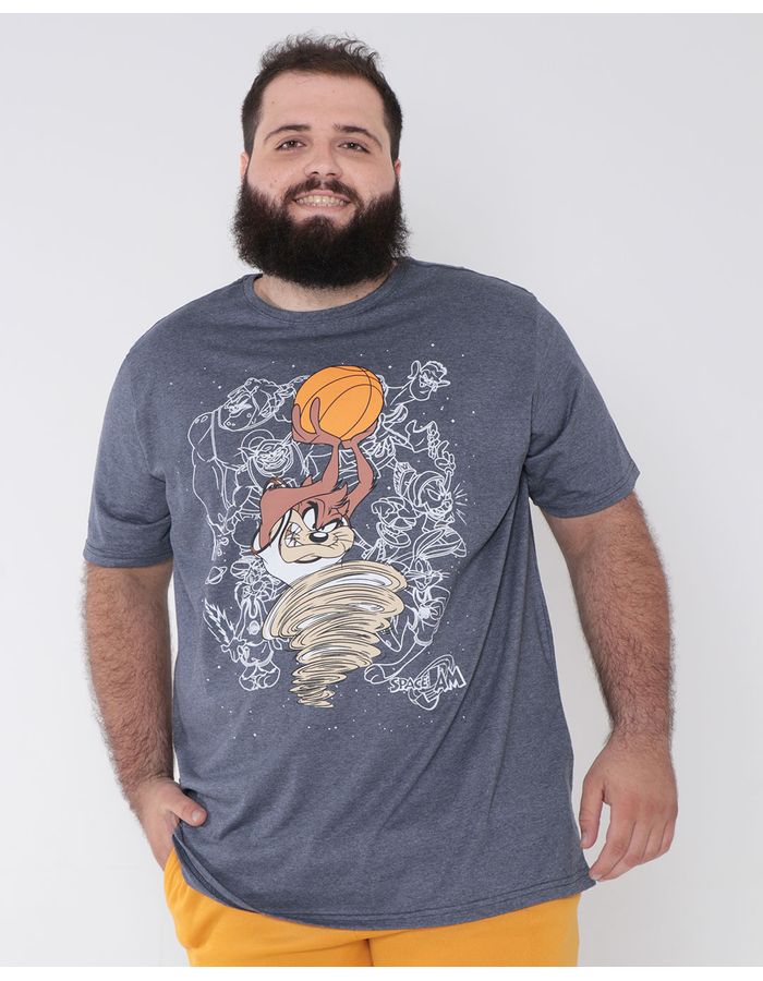 Camiseta-Masculina-Plus-Size-Taz-Space-Jam-Looney-Tunes-Cinza-Medio