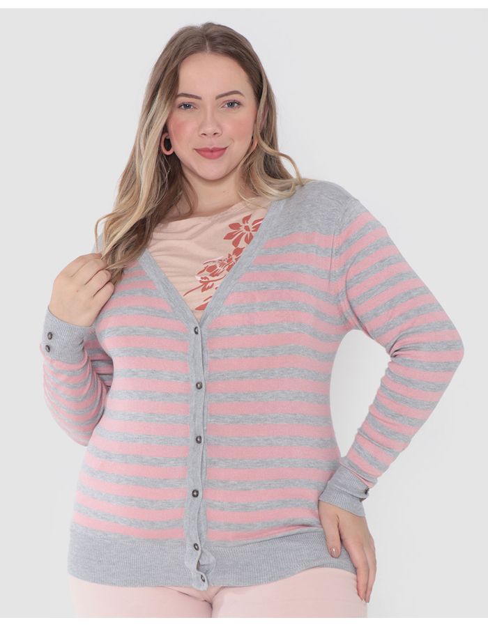 Cardigan-Plus-Size-Feminino-Trico-Listras-Cinza