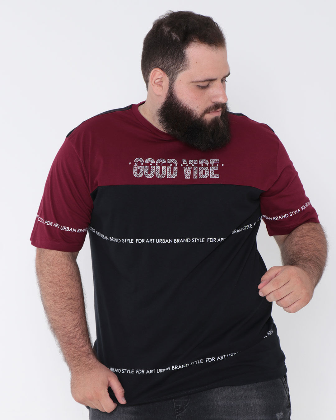 Camiseta-Masculina-Plus-Size-Manga-Curta-Good-Vibe-Vinho