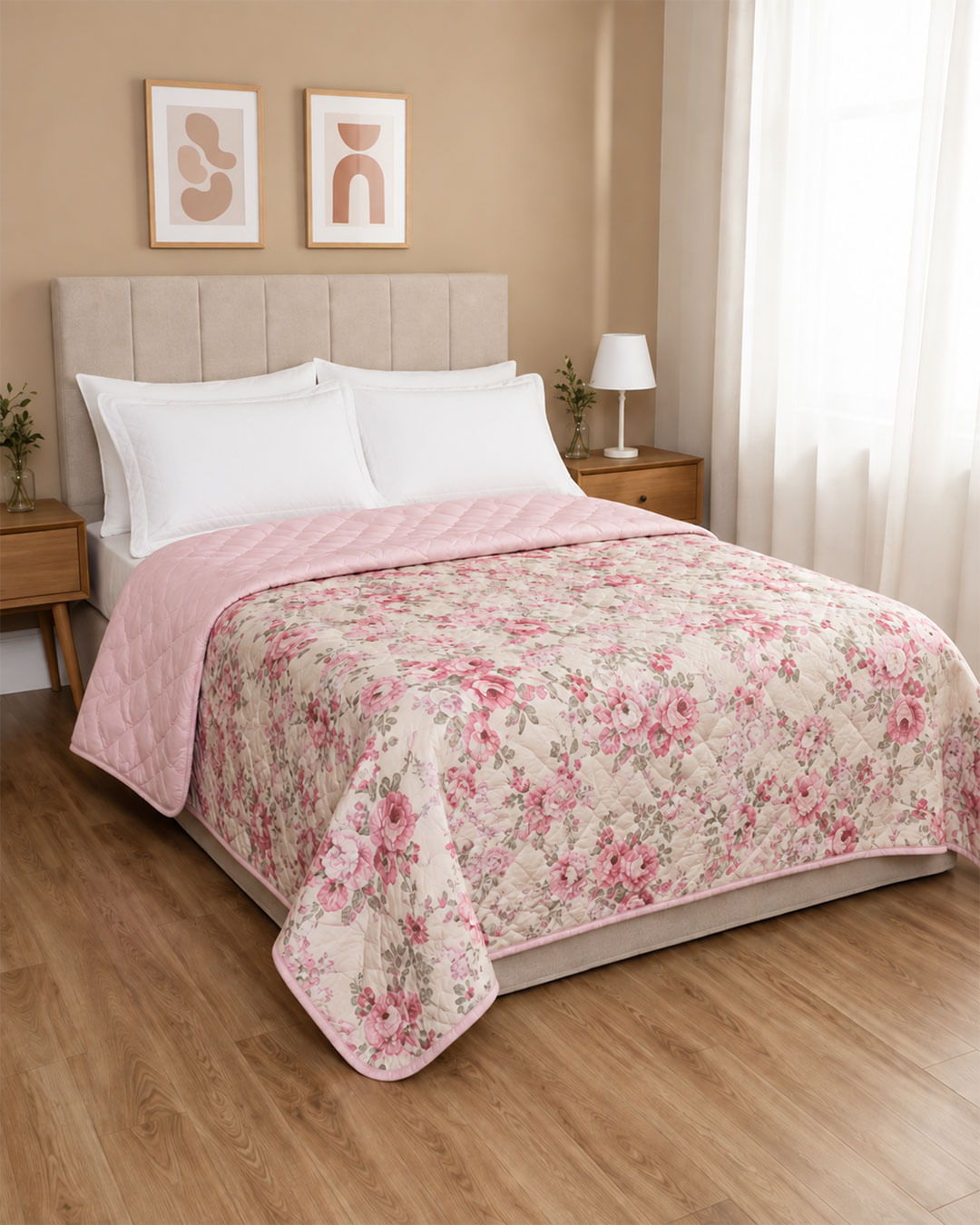 Colcha Dupla Face Casal Andreza Estampa Flores Rosa