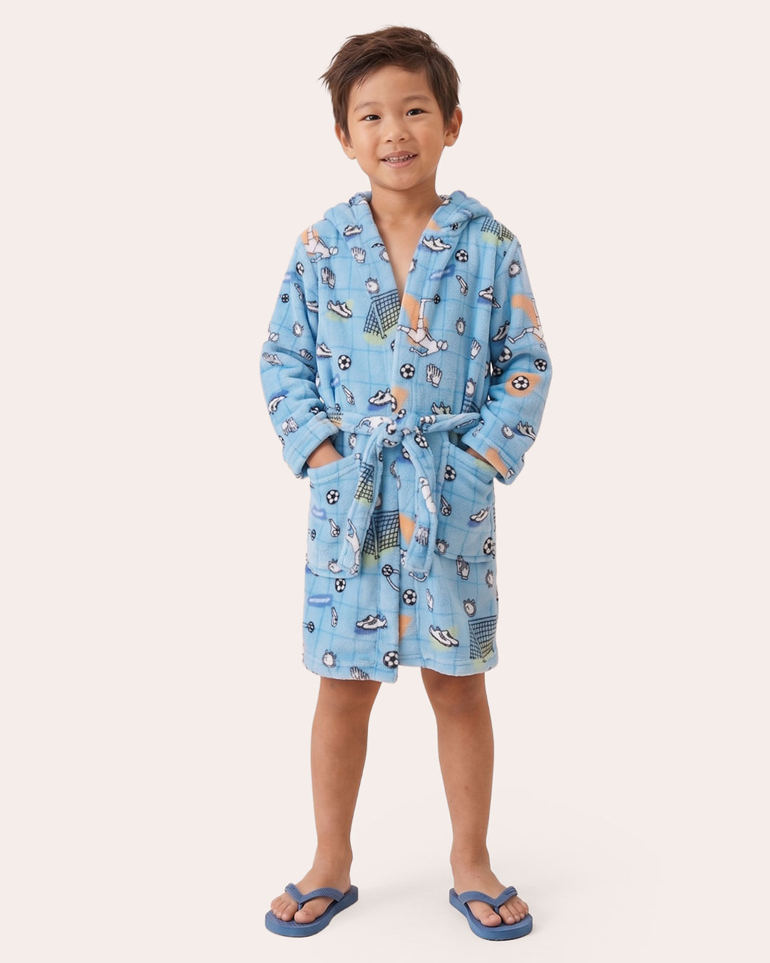 Roupão Infantil Estampado Futebol com Capuz Azul - P