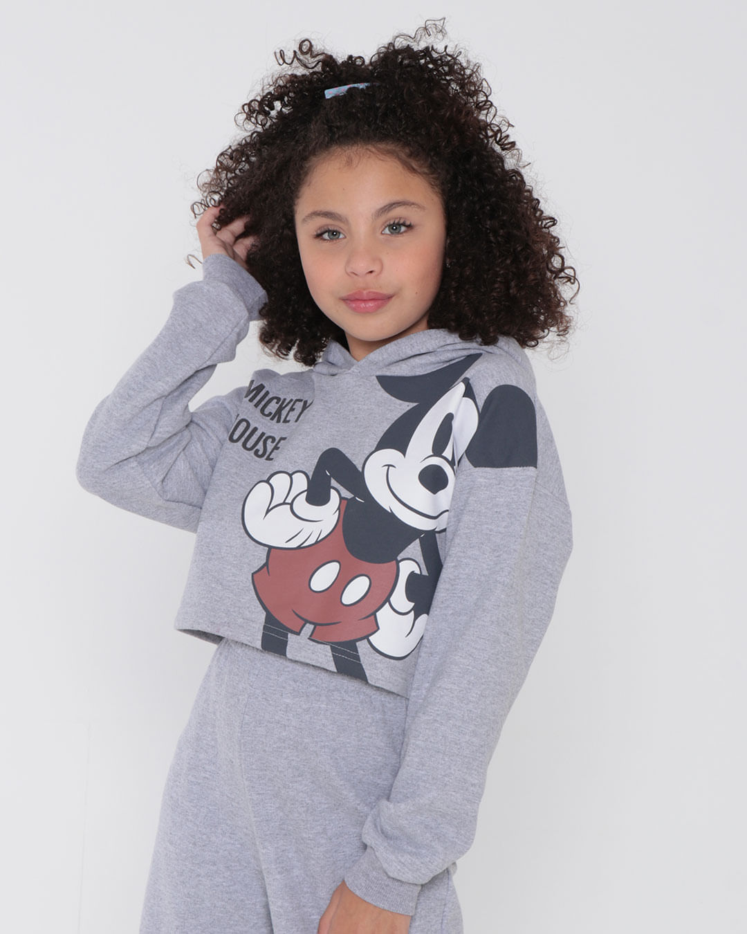 Blusa Cropped Moletom Juvenil Mickey Mouse Disney Cinza
